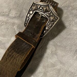 Vintage. Brown Leather Belt with Silver Buckle Sueded finish